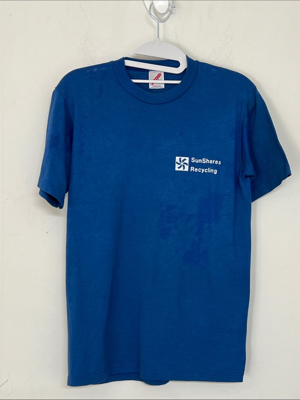 🌞 Jerzees Blue Short-Sleeve Crewneck T-Shirt Whit Print Durham Recycles men M